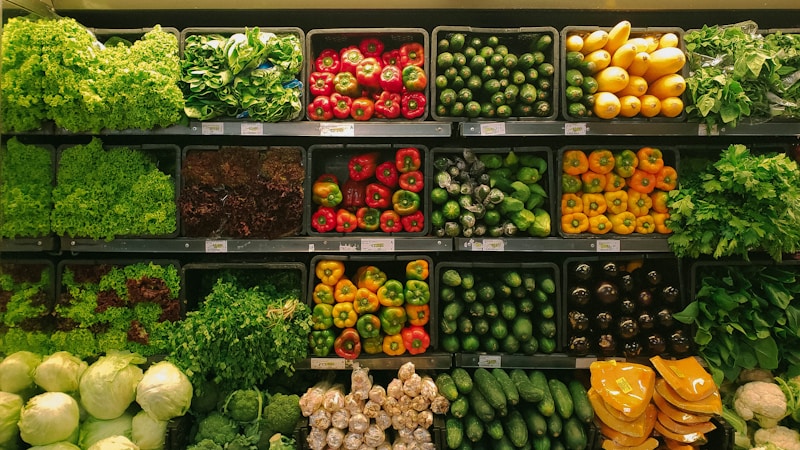 Fresh groceries and vegetables in shopping bags